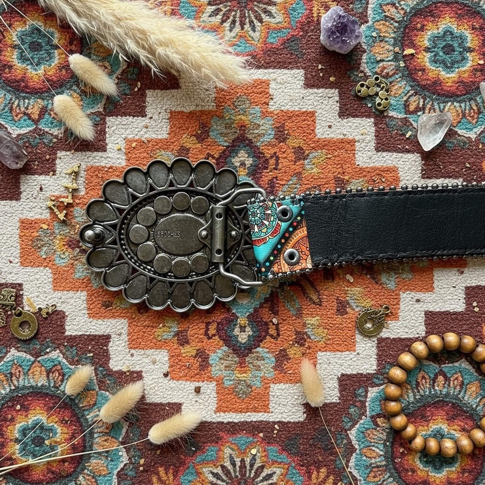 Bohemian Turquoise Patterned Women's Belt with Red Stone Buckle - Picture 3 of 6